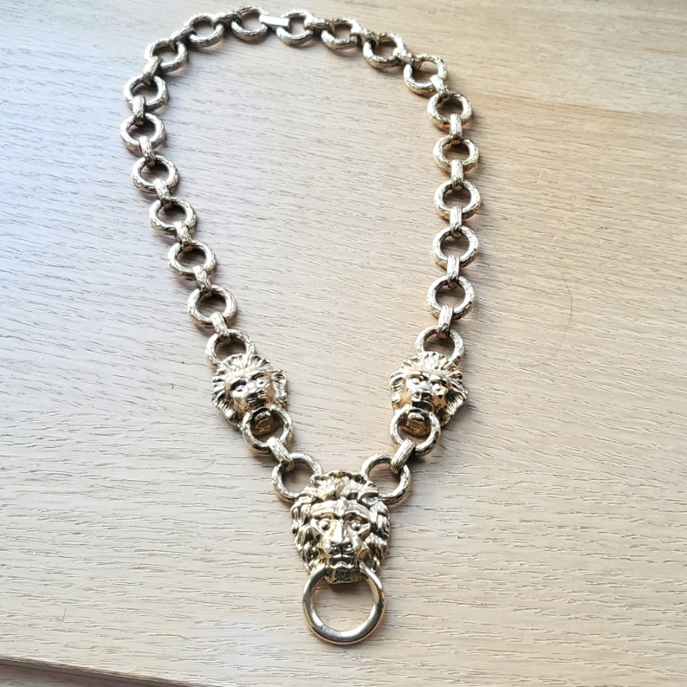 Designer Kenneth Jay Lane Lion Head Door Knocker Necklace.